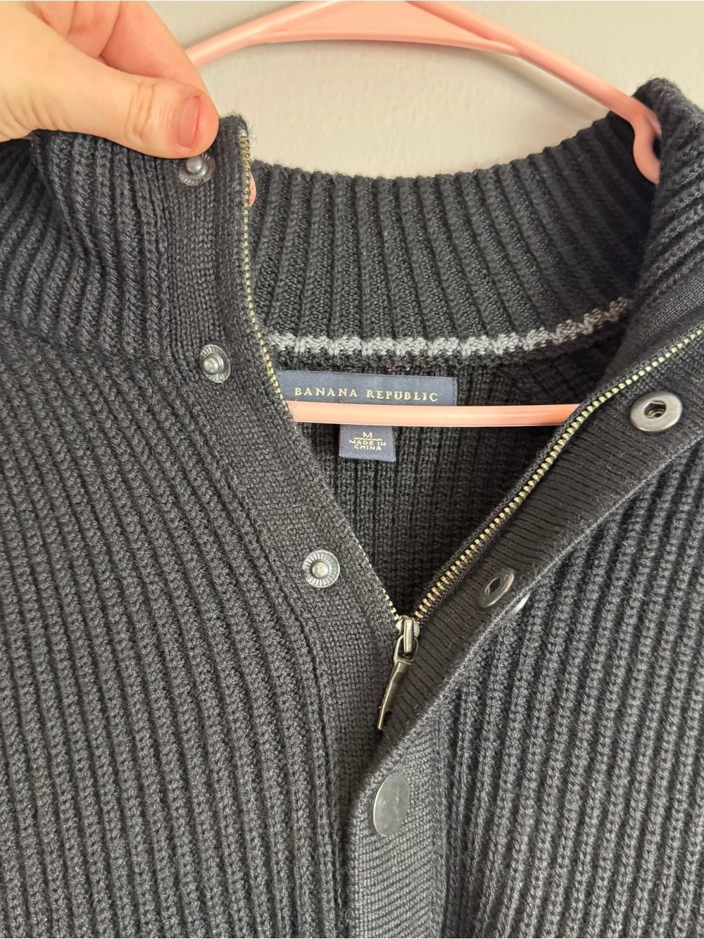 Banana Republic 100% Wool Black Fisherman’s Knit Quarter Zip Sweater Size Large